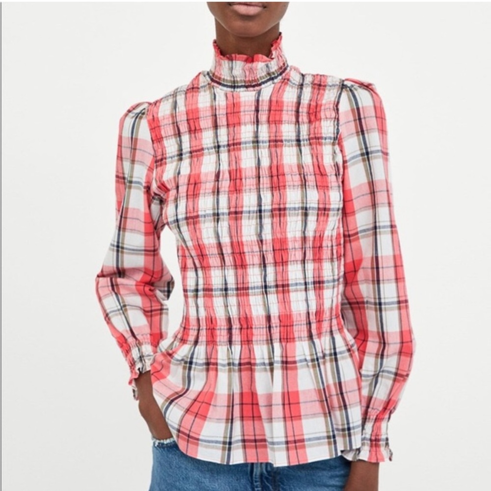 Zara Blouse XS Plaid Long Sleeve Cotton Ruche Picnic Red